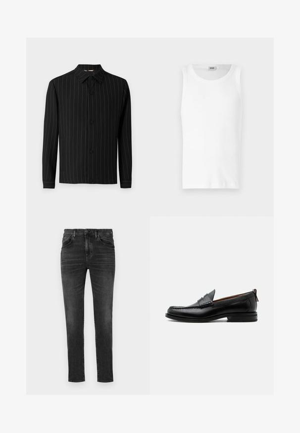 Veste noire avec des rayures verticales en rouge foncé, dotée d'un col, d'une fermeture à boutons et de manches longues. Fabriquée en tissu lisse.; Débardeur en coton blanc sans manches avec un col rond et une texture lisse. Design simple, sans motifs ni accents.; BOSS ONYX - Jeans fuselé - charcoal; Mocassin homme en cuir noir avec couture moc toe, bride penny, col texturé et petit talon empilé sur fond blanc.