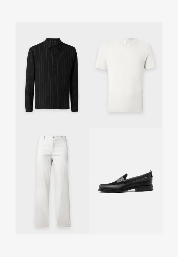Veste noire avec des rayures verticales en rouge foncé, dotée d'un col, d'une fermeture à boutons et de manches longues. Fabriquée en tissu lisse.; T-shirt blanc uni à manches courtes et col rond, étalé à plat sur un fond gris clair, avec une petite étiquette en tissu au niveau du col.; Pantalon gris clair avec une coupe droite, fabriqué dans un tissu lisse, doté d'une fermeture à bouton à l'avant et de poches latérales.; Mocassin en cuir noir avec détail de bride grise, talon bas et semelle texturée, marqué "HUGO" en or sur le côté.
