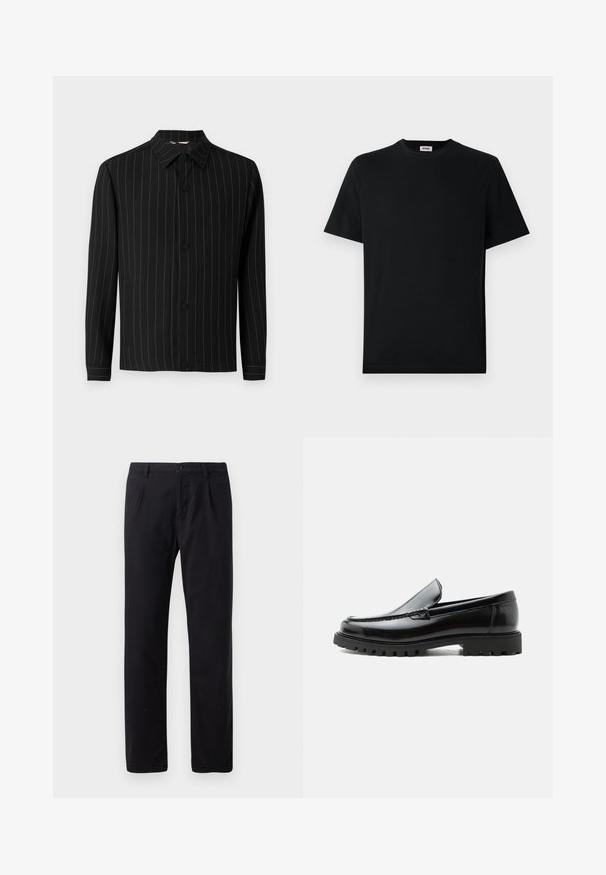Zwarte jas met verticale pinstripes in donkerrood, voorzien van een kraag, knoopsluiting en lange mouwen. Gemaakt van een gladde stof.; Eenzwarte korte mouwen T-shirt met ronde hals, plat weergegeven tegen een witte achtergrond, met een klein merkje binnenin de kraag.; Zwarte broek van een katoenmix, met een klassiek recht model, knoopsluiting en zonder zichtbare patronen of versieringen.; Zwarte leren loafer met dikke rubberen zool, gestikte bovenkant en gegraveerde merknaam op de hiel, zijaanzicht op witte achtergrond.