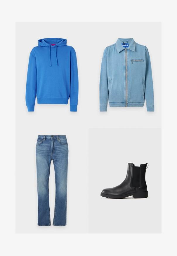Chaqueta de mezclilla azul claro con cremallera frontal, cuello puntiagudo, dos bolsillos laterales y un bolsillo en el pecho con cremallera.; Sudadera azul de mezcla de algodón con capucha ajustable, puños y dobladillo acanalados. Presenta un logo sutil en la parte delantera. Textura suave.; Jeans de mezclilla azul con un diseño de pierna recta. Cuenta con cinco bolsillos, un cierre de botón y un ligero desgastado en la parte delantera y trasera.; Botín negro de cuero hasta el tobillo con paneles laterales elásticos, tirador en el talón y suela baja de bloque sobre un fondo liso.