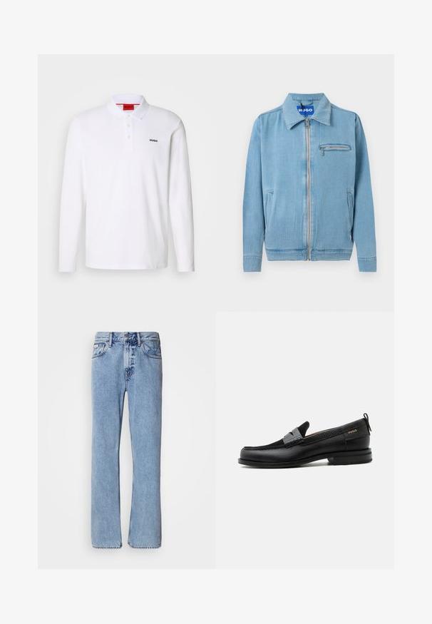 Chaqueta de mezclilla azul claro con cremallera frontal, cuello puntiagudo, dos bolsillos laterales y un bolsillo en el pecho con cremallera.; Camisa polo blanca de manga larga hecha de algodón con cuello, tapeta de tres botones y el logo negro "HUGO" en el lado izquierdo del pecho.; Jeans de mezclilla azul claro con un diseño de pierna recta, cinco bolsillos y cierre de botón. Detalles de costura cerca de los bolsillos y la cintura.; Mocasín de cuero negro con detalle de tira gris, tacón bajo y suela texturizada, con la marca "HUGO" en oro en el lateral.