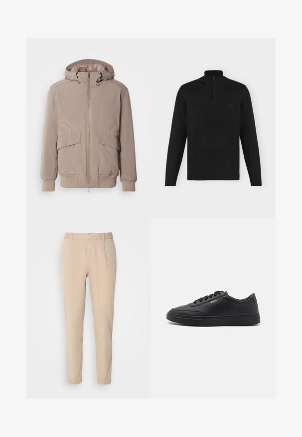 Heledabež bomber-jakk zip-suletava esiküljel, kahe esitaskuga ja kapuutsiga. Omab soonikuvarrukate ja äärega, sileda kangast viimistlust.; Must pikkade varrukatega pullover kõrge kaelusega ja poole lukuga, soonikkoes varruka- ja alaäär, vasakul rinnal väike "BOSS" logo.; Beezid püksid, millel on kitsas lõige ja mis on valmistatud kudumaterjalist. Omab ühte nupuga sulgemist, volditud esiosad ja sirged säärised.; Mustad nahkspordijalatsid siledast materjalist, ümarate varvastega, tasase kummist tallaga ja tooni sobivate paeltega. Küljes on kuldne "BOSS" bränding.