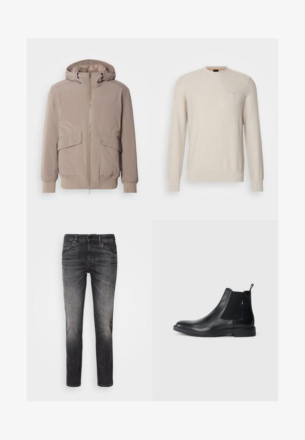 Helle beigefarbene Bomberjacke mit Reißverschluss vorne, zwei Vorderteiltaschen und Kapuze. Mit gerippten Bündchen und Saum, glatter Stoffoberfläche.; Helles beiges Sweatshirt aus strukturiertem Stoff. Mit Rundhalsausschnitt, langen Ärmeln und einem kleinen quadratischen Logo auf der Brust.; Schwarze Jeans aus Denim mit einem verblassten Finish, Fünf-Taschen-Design, Knopfverschluss, geradem Bein und sichtbaren Nähte.; Schwarze Leder Chelsea-Boots mit elastischen seitlichen Einsätzen, einer Zugschlaufe und einer flachen Gummisohle. Glatte Textur mit minimaler Ausgestaltung.