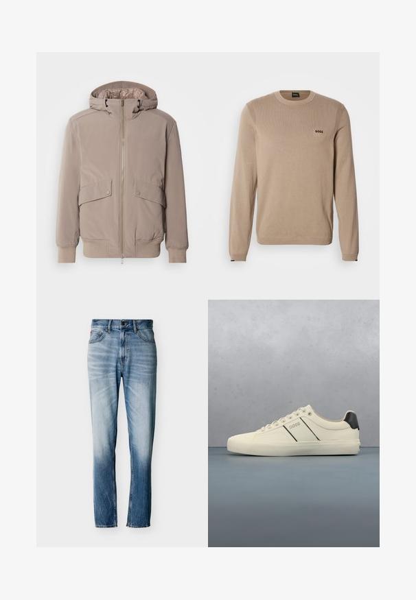 Lys beige bomberjakke med lynlåsfront, to forlommer og hætte. Har ribbede mansjetter og kant, glat stoffinish.; Beige striktrøje med lange ærmer, rund halsudskæring, ribbekanter og lille sort 'BOSS' logo på brystet. Blød tekstur, klassisk pasform.; Blå falmede jeans med lige ben, fem lommer, knaplukning og bæltestropper, vist fladt på hvid baggrund.; Cremefarvede sneakers med en glat tekstur, der har sorte accenter og branding. Klassisk snørebåndsdesign med rund tå og gummisål.