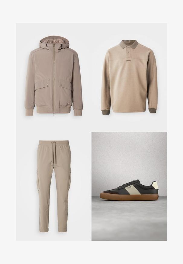Lys beige bomberjakke med lynlåsfront, to forlommer og hætte. Har ribbede mansjetter og kant, glat stoffinish.; Beige polo t-shirt lavet af blød stof, med ribbede krave og manchetter, to knapper og et diskret logo foran.; Beige cargo bukser med elastisk talje og snøre. Har sidelommer og en tapered ben design, lavet af letvægtsstof.; Sort og brun sneaker med beige stribe og "BOSS"-logo, svævende over gråt betongulv og baggrund med glassblokvæg.