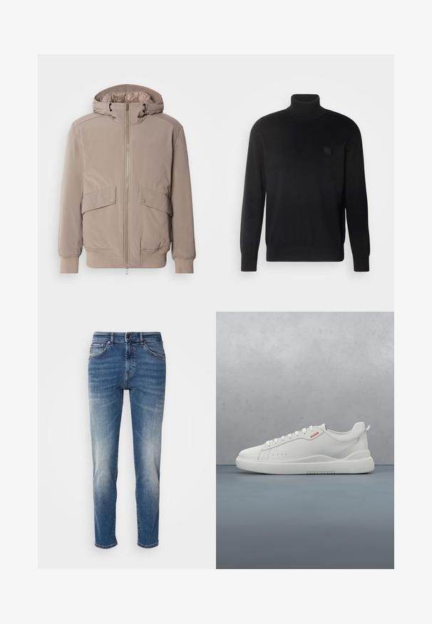 Heledabež bomber-jakk zip-suletava esiküljel, kahe esitaskuga ja kapuutsiga. Omab soonikuvarrukate ja äärega, sileda kangast viimistlust.; Must have kaelussviiter, millel on pikad varrukad, ribaga kaelus ja mansetid, valmistatud siledast kangast. Ees on väike logotempel.; Sinine denimist valmistatud teksapükse sirge sääre kujundusega, kerge kulumisefektiga, klassikalise viie-taskuga stiiliga ning lukuga, millel on nupp sulgemiseks.; Valged spordijalatsid siledast nahast, ümar varvas, neli silmaauku, kerged perforatsioonid ja punane logo külje peal.
