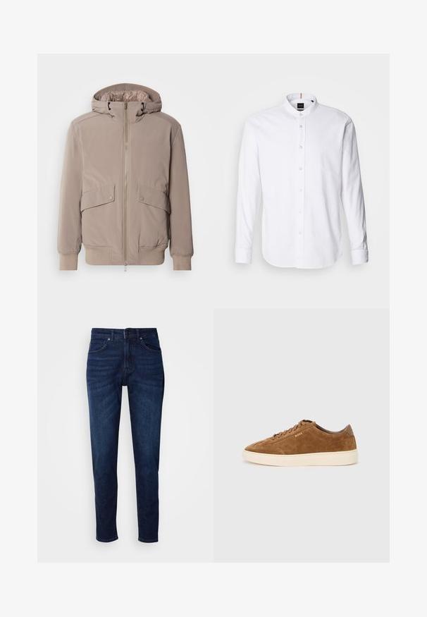 Lichtbeige bomberjack met een rits aan de voorkant, twee zakken aan de voorkant en een capuchon. Voorzien van ribgebreide manchetten en een ribgebreide zoom, met een gladde stofafwerking.; Witte lange mouwen shirt met een bandkraag, knoopsluiting aan de voorkant en afgeronde zoom. Gemaakt van katoen, met een gladde textuur en subtiele glans.; Donkerblauwe denim jeans met een rechte pijpdesign, voorzien van zakken en een knoopsluiting bij de taille. Zachte textuur, minimale vervagingdetails.; Bruine suède sneaker met een afgeronde neus, crèmekleurige rubberen zool en tonale veters. Heeft een geperst logo op de zijkant en een glad achterpaneel.