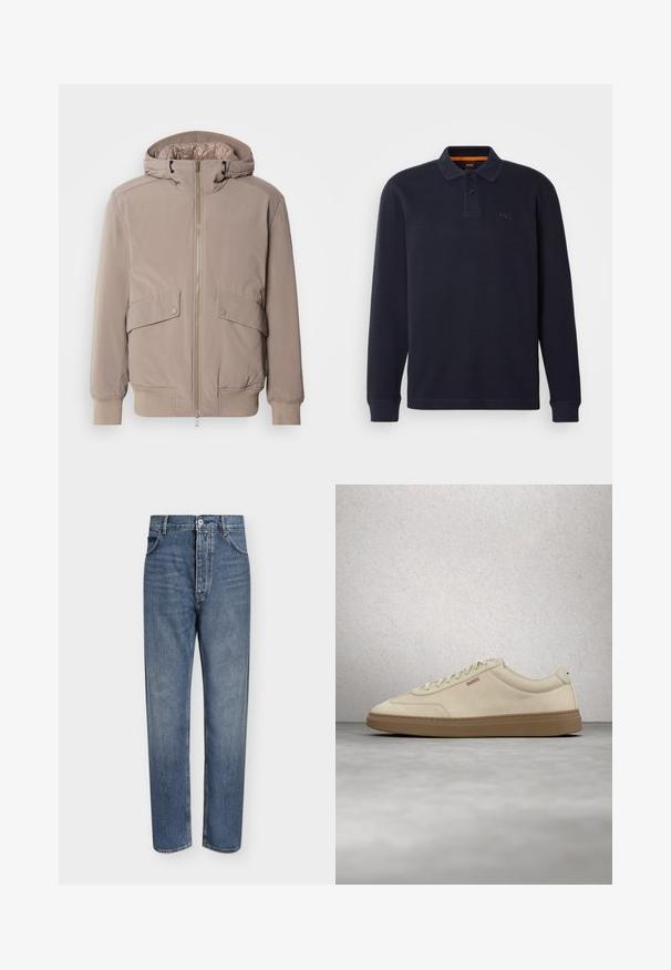Helle beigefarbene Bomberjacke mit Reißverschluss vorne, zwei Vorderteiltaschen und Kapuze. Mit gerippten Bündchen und Saum, glatter Stoffoberfläche.; Marineblaue langärmelige Poloshirt aus strukturiertem Stoff mit einer Knopfleiste am Hals. Verfügt über ein kleines gesticktes Logo auf der Brust.; Gerade geschnittene blaue Jeans aus Denim mit hoher Taille, Frontknopfverschluss und Fünf-Taschen-Design auf einem schlichten hellen Hintergrund.; Hellbeiger Wildledersneaker mit Gummisohle, auffälligen Schnürsenkeln und dezenten Nahtdetails. Sauberes Design mit minimalistischem Ästhetik.
