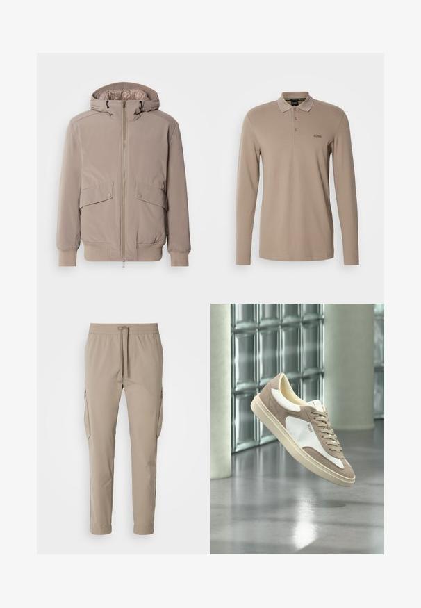 Chaqueta bomber beige claro con cremallera frontal, dos bolsillos delanteros y capucha. Presenta puños y dobladillo acanalados, con un acabado de tejido suave.; Camisa polo de manga larga en color beige claro, fabricada en algodón suave. Presenta un cuello clásico, tapeta de tres botones y un logotipo bordado.; Pantalones cargo beige con cintura elástica y cordón. Presenta bolsillos laterales y un diseño de pierna ajustada, fabricados en tela ligera.; Zapatilla de ante beige y blanca con cordones y el logo "BOSS", flotando sobre un suelo de hormigón pulido con paredes de bloques de vidrio al fondo.