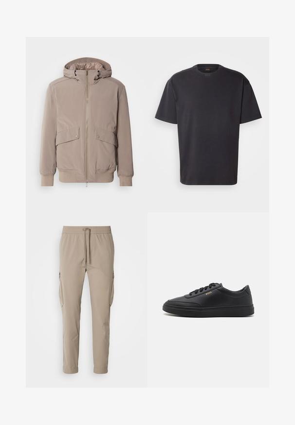 Lys beige bomberjakke med lynlåsfront, to forlommer og hætte. Har ribbede mansjetter og kant, glat stoffinish.; Sort kortærmet T-shirt lavet af bomuld, med rund halsudskæring og subtil branding ved kraven. Glat tekstur med en afslappet pasform.; Beige cargo bukser med elastisk talje og snøre. Har sidelommer og en tapered ben design, lavet af letvægtsstof.; Sorte lædersneakers med en glat overflade, rund tå, flad gummisål og tonede snørebånd. Udstyret med guld "BOSS" branding på siden.