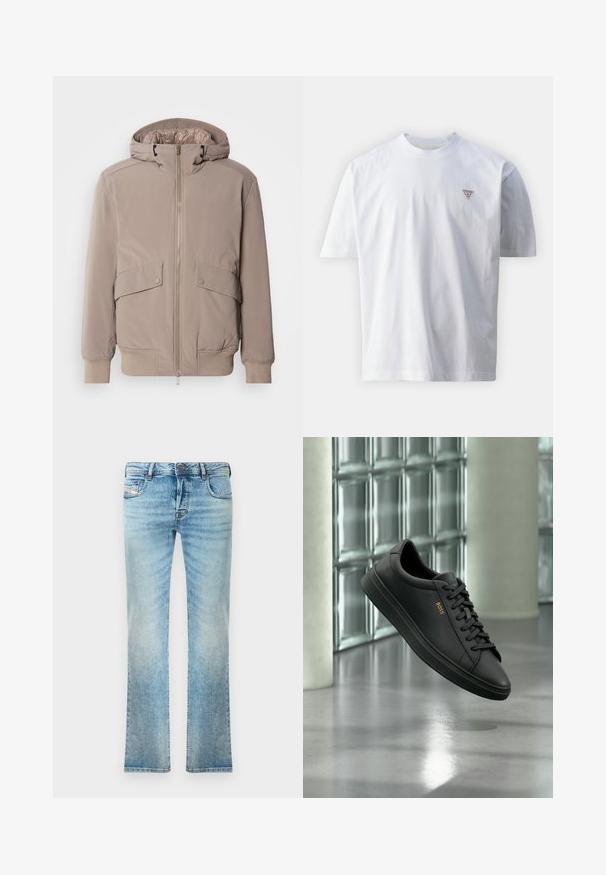 Lys beige bomberjakke med lynlåsfront, to forlommer og hætte. Har ribbede mansjetter og kant, glat stoffinish.; Hvid bomulds-t-shirt med rund halsudskæring, korte ærmer og et lille rødt trekantet logo på venstre brystområde. Glat tekstur.; Lysblå denimjeans med lige ben, femlommesdesign og let slid. Inkluderer metalknap og lynlås lukning.; Sort lavtopet lædersneaker med sorte snørebånd og gyldent BOSS-logo på siden, svævende over en blank grå gulv i et moderne indendørs rum.