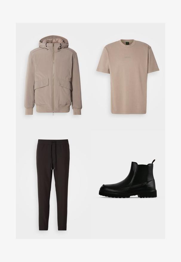 Lys beige bomberjakke med lynlåsfront, to forlommer og hætte. Har ribbede mansjetter og kant, glat stoffinish.; Beige kortærmet t-shirt i blød bomuld med rund hals, der har et broderet "BOSS" logo på brystet.; Sorte joggingbukser lavet af blødt stof, med en elastisk bæltelås og snor, tætsiddende ben og uden synlige mønstre eller udsmykninger.; Sort læderankelstøvle med tekstureret sål, elastiske sidepaneler og træksnor på en lysegrå baggrund.