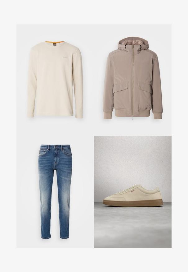 Lichtbeige bomberjack met een rits aan de voorkant, twee zakken aan de voorkant en een capuchon. Voorzien van ribgebreide manchetten en een ribgebreide zoom, met een gladde stofafwerking.; Lichtbeige langemouwen t-shirt gemaakt van gestructureerde stof. Heeft een ronde hals en een klein logo op de borst met een oranje accent binnen de kraag.; Blauwe denim jeans met een recht model, lichte vervaging, klassieke vijf-pocketstijl en een ritssluiting met knoopsluiting.; Lichtbeige suède sneaker met een zool van gumrubber, opvallende veters en subtiele stikdetails. Strak ontwerp met een minimalistische uitstraling.