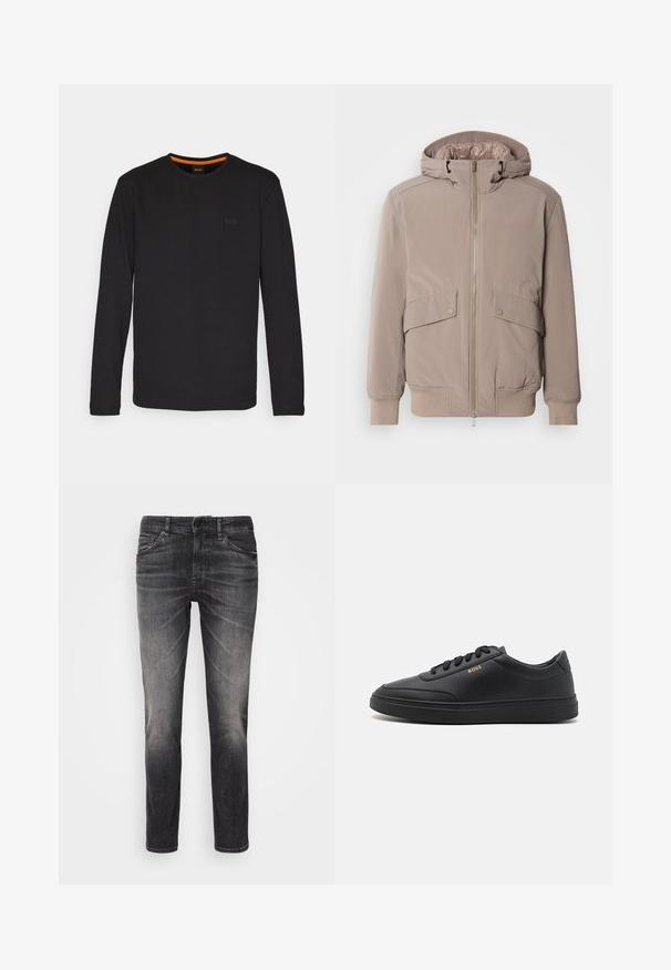 Veste bomber beige clair avec fermeture éclair à l'avant, deux poches avant et une capuche. Présente des poignets et un ourlet côtelés, finition en tissu lisse.; T-shirt noir à manches longues en tissu lisse, avec un col rond et un petit logo embossé sur la poitrine, agrémenté d'une touche orange à l'intérieur du col.; Jeans en denim noir avec un aspect délavé, design à cinq poches, fermeture à bouton, jambe droite et détails de couture visibles.; Baskets en cuir noir avec une texture lisse, bout rond, semelle en caoutchouc plate et lacets ton sur ton. Présente une marque "BOSS" dorée sur le côté.
