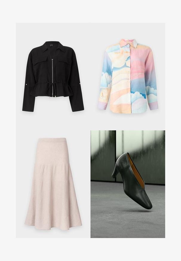 Sort langærmet jakke med krave, lynlås foran, to brystlommer med klapper og justerbar snøre i taljen.; Skjorte med knapper med pastel himmel- og skyemønster i lyserøde, blå og beige toner, med klassisk krave og lange ærmer.; Lysebeige skørt med vidde, lavet af blødt stof, med høj talje og et rynket design med en flydende silhuet.; Sort lædermellemhælssko, der svæver over gråt tæppe med sløret glasvinduesbaggrund.