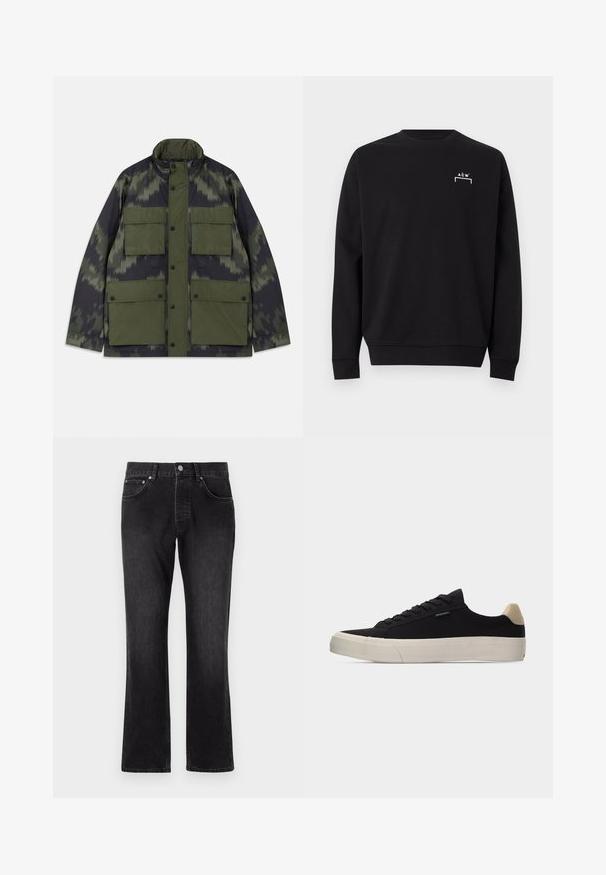 Jas met camouflagepatroon, voorzien van een hoge kraag, meerdere grote voorzakken en een knoopsluiting, gemaakt van waterafstotend materiaal.; Zwarte lange mouwen crewneck trui met klein wit "A C W" logo en haakjesontwerp op de linker bovenborst.; Zwarte denim jeans met een rechte pasvorm, voorzien van een middelhoge taille, voorzakken en een klassieke knoopsluiting.; Zwarte lage sneaker met beige hielstuk, dikke witte rubberen zool, zwarte veters en een klein "PS Paul Smith" label aan de zijkant.