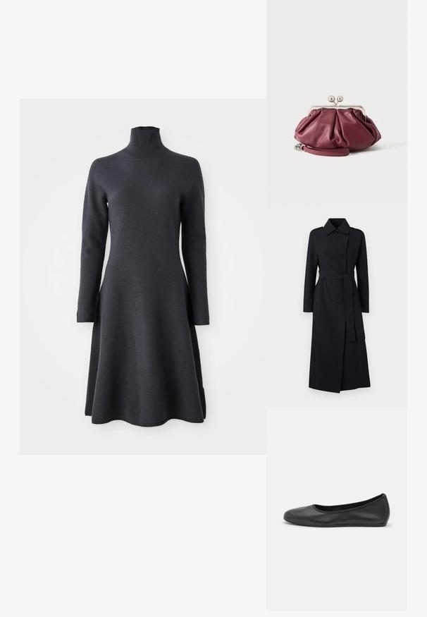 Dubbelbreasted zwarte trenchcoat van gladde stof, met een riem in de taille, lange mouwen en een klassiek kraagontwerp.; Donkergrijze, langärmd dress met een hoge hals. A-lijn silhouet, zachte textuur en een zoom die aan de onderkant uitloopt.; Zwarte leren ballerina met een ronde neus, gladde textuur, minimale stikdetails en een flexibele zoolontwerp.; Kleine bordeauxrode leren clutch met zilveren metalen gesp en polsriem op een witte achtergrond.