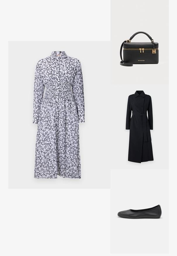 Trench-coat noir double boutonnage en tissu lisse, avec une taille ceinturée, des manches longues et un design de col classique.; Robe à imprimé floral noir et blanc avec un col, des manches longues, une taille smockée et une jupe fluide. Fabriquée dans un tissu léger.; Ballerines en cuir noir avec un bout rond, texture lisse, détails de couture minimalistes et design de semelle flexible.; Sac à main rectangulaire noir Michael Kors avec poignée supérieure, fermeture éclair dorée et logo, et bandoulière détachable sur fond gris.