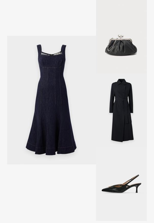 Dubbelbreasted zwarte trenchcoat van gladde stof, met een riem in de taille, lange mouwen en een klassiek kraagontwerp.; Navy denim jurk met een vierkante halslijn, brede banden, uitlopende rok tot op de knie en contrasterende stiksels. Ritsluiting aan de achterkant.; Zwarte leren slingback schoen met puntige neus, lage kittenhak en gouden gespsdetail aan de voorkant.; Zwarte leren clutch met geplooide textuur, zilverkleurig metalen frame, drukknopsluiting en kettingriem. Glad, zacht oppervlak.