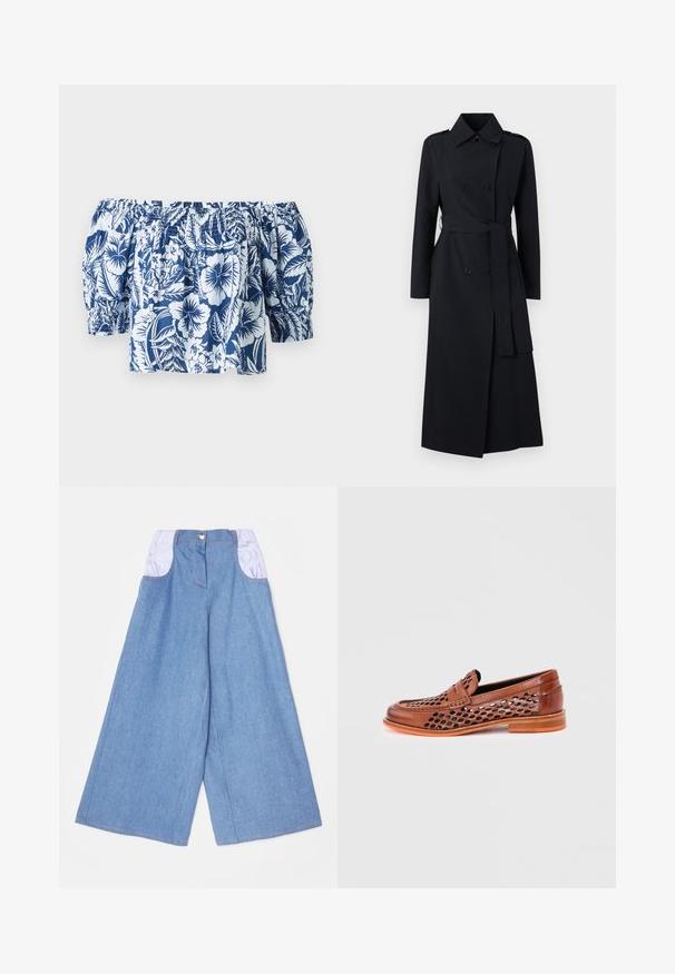 Dobbeltbrystet sort trench coat lavet af glat stof, med bindebælte i talje, lange ærmer og en klassisk kravedesign.; Blå og hvid blomsterret blouse med off-shoulder, der har puffærmer, samlet elastisk halsudskæring og en afslappet pasform med et tropisk design.; Vide ben denimbukser i lyseblå med kontrasterende lyserøde elastiske lommer. Har en frontknaplukning og synlige sømdetaljer.; Brun læder herreloafer med sort og hvid perforeret mønster og orange sål, vist fra siden på hvid baggrund.