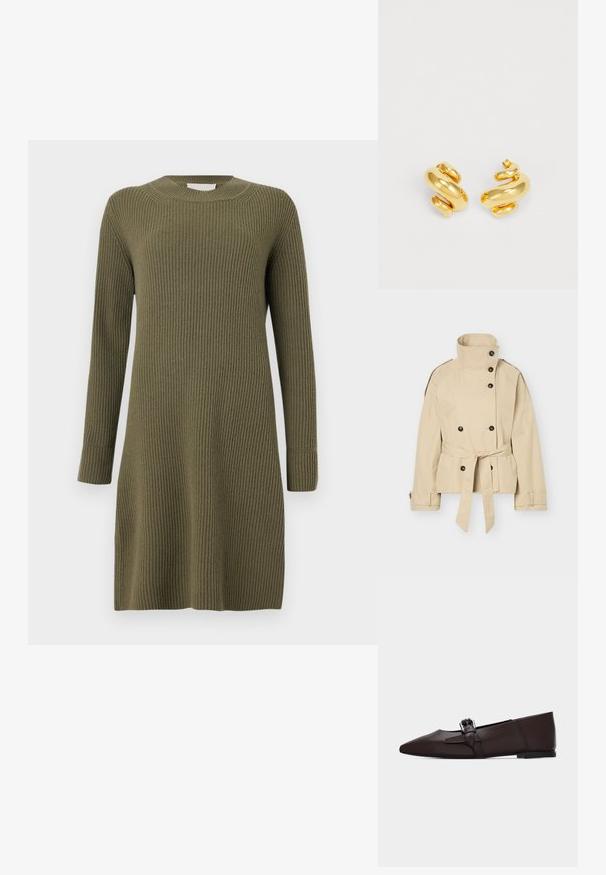 Beež lühendatud trench mantel kõrge kraega, topelt rinnaga mustade nuppudega, vööga talje ja mansetinööpidega, esitletud valgel taustal.; CLOSED CREW NECK DRESS LONG SLEEVE - Kampsunkleit - forest green; Tumepruunid terava ninaga madala kontsaga hõlpsasti jalga panna kingad, millel on kaunistav pahkluu rihm ja hõbedane pannal, ühtlasel taustal.; Kuldne spiraalõrmustest kõrvarõngad, millel on sile ja läikiv pind, kurvika disaini ning paksu ja massiivse kujuga julge ilme.
