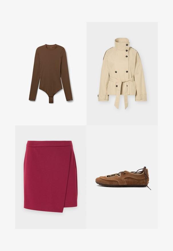 Beige cropped trenchcoat met hoge kraag, dubbelgeknoopte zwarte knopen, ceintuur in de taille en manchetbandjes, afgebeeld op een witte achtergrond.; Langlijf bruin body gemaakt van gladde stof, met een ronde halslijn, aansluitend ontwerp en drukknoopsluiting aan de onderkant.; Wikkelrok in diep bordeaux, gemaakt van zachte stof. Voorzien van een gladde tailleband en een asymmetrische zoom voor een vloeiende silhouet.; Bruine suède platte schoen met veterdesign en rubberen zool, zijaanzicht op een lichte achtergrond.