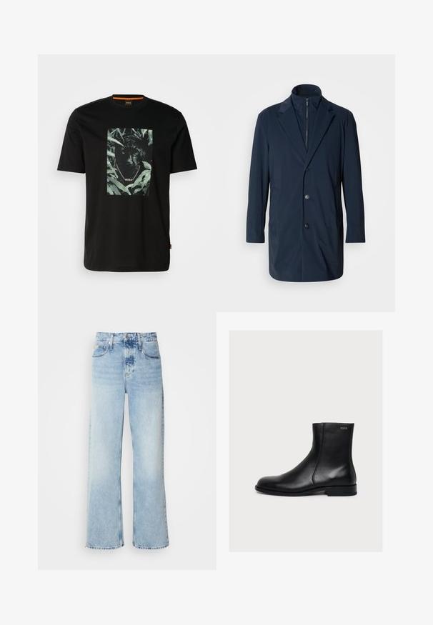 Marineblå lang frakke lavet af glat stof, med en spidset krave, frontknapper og sidelommer; moderne, skræddersyet design.; Sort bomulds t-shirt med et centralt grafik af en panter omgivet af blade, med en kædekrave og "BOSS" tekst. Korte ærmer.; Lysblå vide jeans med høj talje, der har en falmet finish, bæltestropper og klassisk fem-lomme design. Kantene er rå.; Sort glat læderankelstøvle med lav hæl og sidelukning med lynlås, mærket Hugo nær den øverste kant.