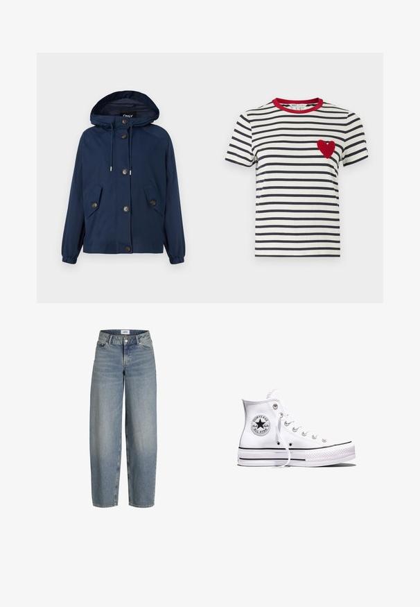 Marineblaue Jacke mit Kapuze, elastischen Bündchen und zwei Vordertaschen. Mit Knopfverschluss und Kordelzug an der Kapuze. Glatte Textur.; Gestreiftes T-Shirt mit blauen und weißen horizontalen Streifen, einem roten Kragen und einer strukturierten roten Herzapplikation auf der linken Brust.; Hellblaue, lässig geschnittene Jeans mit hoher Taille, aus Denimstoff. Verfügt über fünf Taschen und einen klassischen Knopf-und-Reißverschluss.; Weißer Converse Chuck Taylor All Star High-Top-Sneaker mit schwarzen Streifen und Logo-Patch an der Seite, präsentiert vor einem schlichten weißen Hintergrund.