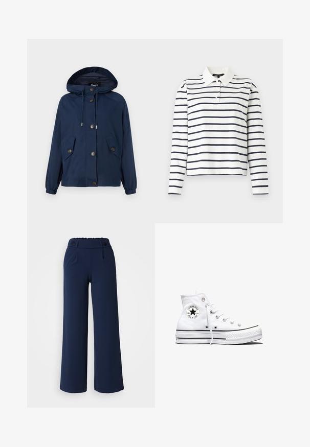 Mørkeblå jakke med hætte, elastiske manchetter og to frontlommer. Har knaplukning og snoretræk i hætten. Glat tekstur.; Langærmet polo-shirt i hvid med navy horisontale striber, med krave og tre-knaps placket. Fremstillet af bomuldsmateriale.; Marineblå vidde bukser lavet af blødt stof; har flad front, to sidelommer og dobbelt knaplukning i taljen.; Hvid højtop Converse Chuck Taylor All Star-sneaker med sort logo-patch og hvide snørebånd, vist på hvid baggrund.