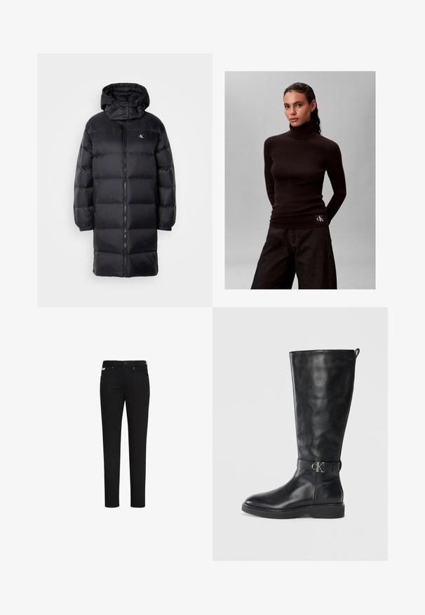 Must must coat kapuutsiga, millel on lukuga sulgemine, elastsed mansetid ja rinnal logo. Pehme tekstuur ja põlveni ulatuv disain.; Tumedate juustega naine kannab musta soonikkoega kõrge kaelusega kampsunit ja tumedaid laiu pükse, taustaks lihtne hall sein.; Mustad kitsad teksapüksid ees nupuga ja tõmblukuga, esikülje ja tagakülje taskud ning väike silt paremal esimesel taskul.; Must muste kõrgsaapad, madala kandiga, ümarate varvastega ja metallist "CK" logo buckl strapiga pahkluude ümber.