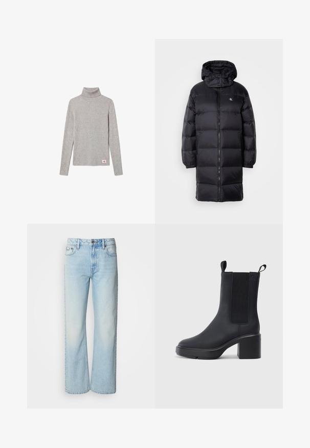 Manteau en noir matelassé avec capuche, doté d'une fermeture éclair, de poignets élastiques et d'un logo sur la poitrine. Texture douce et design long jusqu'aux genoux.; Pull à col roulé côtelé gris clair à manches longues avec un petit écusson du logo CK rouge et blanc près de l'ourlet inférieur.; Jeans à jambes larges bleu clair en denim, présentant un design classique à cinq poches et une texture légèrement décolorée. La couture en denim est visible.; Bottines noires avec un matériau en caoutchouc lisse, des panneaux latéraux élastiques, un talon carré et des tirettes en haut pour un enfilage facile.