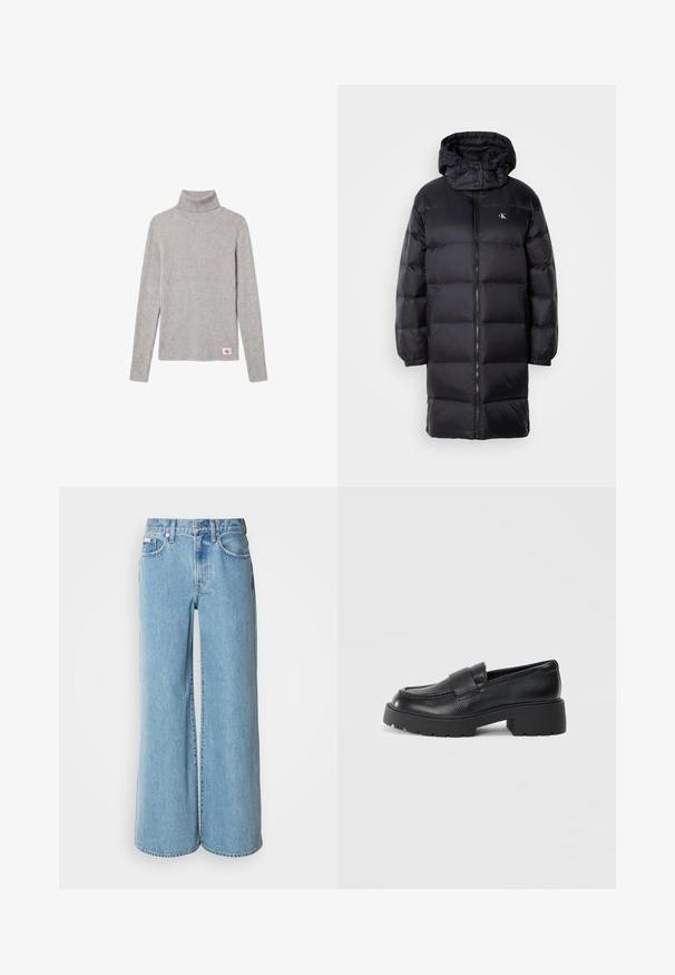 Must must coat kapuutsiga, millel on lukuga sulgemine, elastsed mansetid ja rinnal logo. Pehme tekstuur ja põlveni ulatuv disain.; Helehall hall triibuline kõrge kaelusega kampsun pika varrukaga, alumise õmbluse lähedal väike punane ja valge CK logo.; Heledad sinised laiad teksad, mis on valmistatud denimist, kõrgendatud taljega, viie tasku disainiga ja kerge pleekimisega kangal.; Musträid nahast loafertossud struktureeritud viimistlusega, millel on ristkülikukujuline rihm vampi üle ja jäme, soonikuga talla disain.