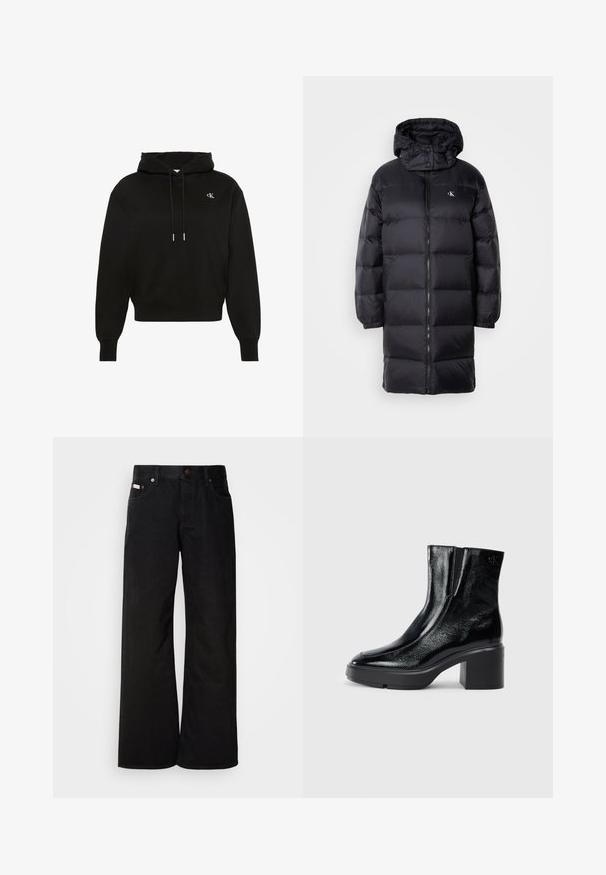 Manteau en noir matelassé avec capuche, doté d'une fermeture éclair, de poignets élastiques et d'un logo sur la poitrine. Texture douce et design long jusqu'aux genoux.; Sweat à capuche noir à manches longues avec cordons, poignets côtelés, ourlet côtelé et petit logo blanc "cK" sur la poitrine gauche.; Jean large noir en coton. Présente des poches avant, une fermeture à bouton, et une texture denim classique. Design minimaliste sans motifs.; Bottines en cuir verni noir avec un bout arrondi, des panneaux latéraux en élastique et un talon épais. Comprend un logo embossé à l'arrière.