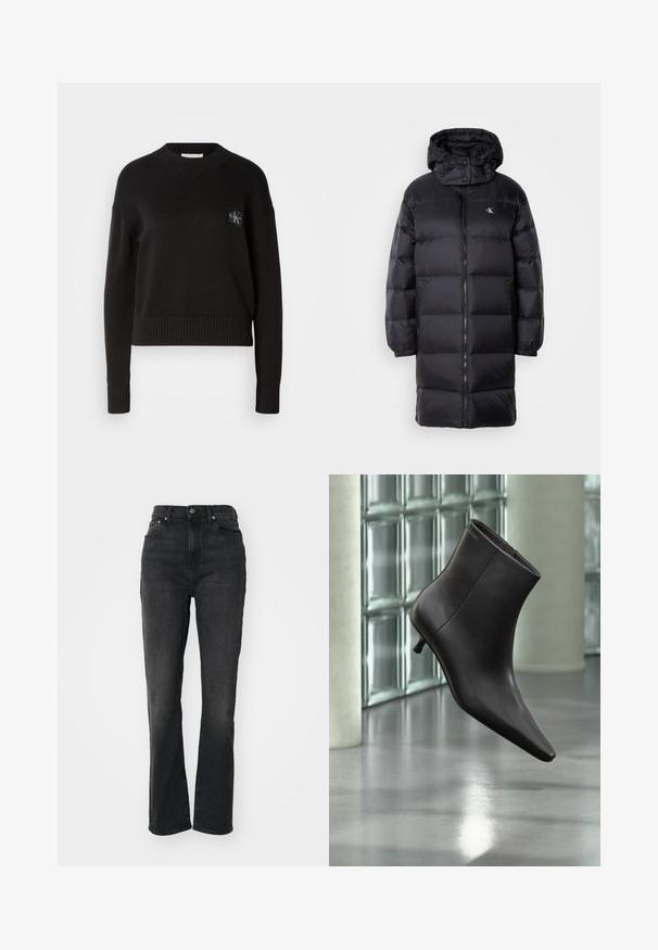 Manteau en noir matelassé avec capuche, doté d'une fermeture éclair, de poignets élastiques et d'un logo sur la poitrine. Texture douce et design long jusqu'aux genoux.; Pull en tricot noir avec un col rond, des poignets et un ourlet côtelés. Présente un petit patch logo carré sur la poitrine gauche. Coupe décontractée.; Jeans en denim noir taille haute avec jambes droites, design à cinq poches, fermeture à bouton à l'avant et détails de couture minimaux.; Bottine en cuir noir avec bout pointu et petit talon, présentée devant un mur en blocs de verre et un sol poli.