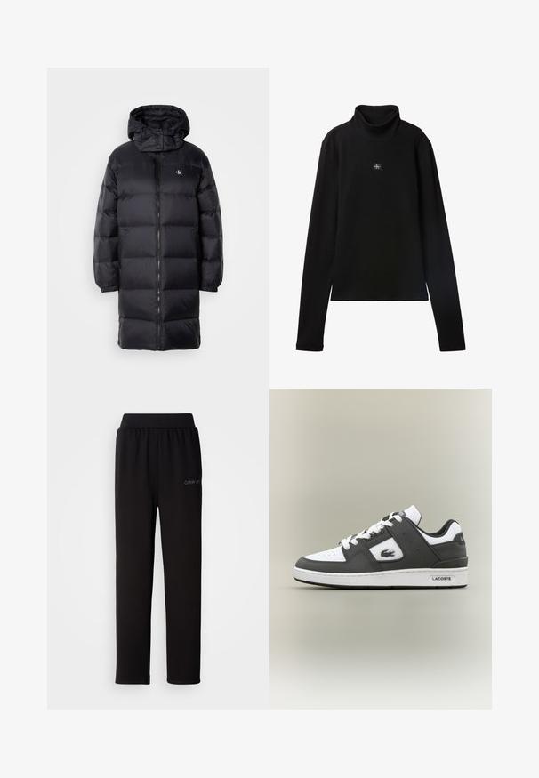 Must must coat kapuutsiga, millel on lukuga sulgemine, elastsed mansetid ja rinnal logo. Pehme tekstuur ja põlveni ulatuv disain.; Mustast lahtise soonikuga kaelusega top pikkade varrukatega, mille rinnal on väike ruudukujuline Calvin Kleini logo.; Mustad dressipüksid elastse vöökoha ja kitseneva lõikega. Vasakul säärel väike hall Calvin Kleini logo. Pehme kangastekstuur.; Mustvalge Lacoste tenisekingad valgete paeltega, perforatsioonidega varvaseosa, krokodillilogoga küljel ja bränditud tallaga neutraalsel taustal.