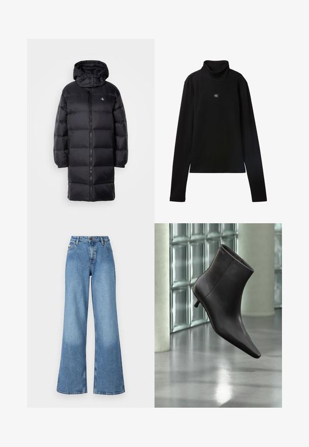Must must coat kapuutsiga, millel on lukuga sulgemine, elastsed mansetid ja rinnal logo. Pehme tekstuur ja põlveni ulatuv disain.; Mustast lahtise soonikuga kaelusega top pikkade varrukatega, mille rinnal on väike ruudukujuline Calvin Kleini logo.; Kõrge vöökoht ja laiad sinised denimpüksid, millel on eest-vooderdatud taskud, vöökohakäigud ning nööp ja tõmblukk.; Mustast nahast pahkluu saabas terava varbaotsaga ja väikese kontsaga, esitletud klaasplokkidest seina ja poleeritud põranda taustal.