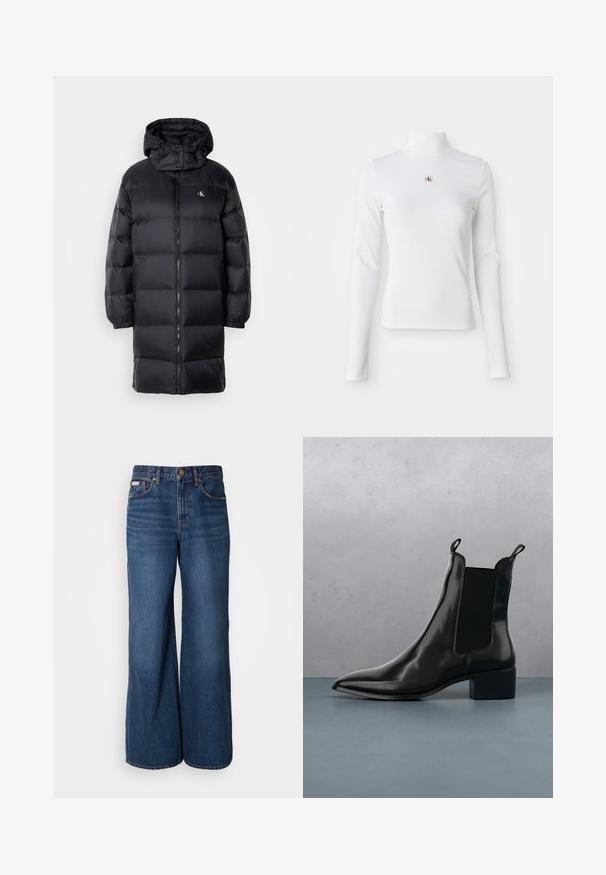 Sort pufferjakke med hætte, der har lynlås lukning, elastiske manchetter og et logo på brystet. Blød tekstur og knælangt design.; Langærmet, hvid turtleneck-top lavet af ribbet materiale. Har et lille broderet logo i midten. Tæt pasform uden mønstre.; Bredde jeans lavet af mørkeblåt denim. Funktioner inkluderer en høj talje, fem lommer og kontrasterende orange syninger langs sømmene.; Sort læder Chelsea boot med spids tå, elastiske sidepaneler og en kraftig hæl, hvilende over en overflade med sten- og trædesign.