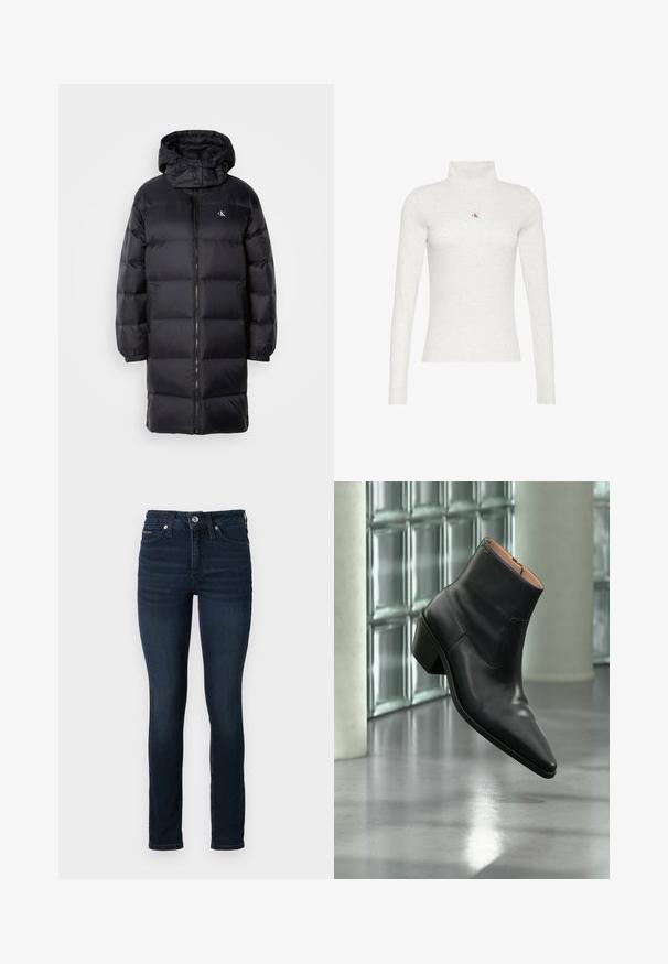 Must must coat kapuutsiga, millel on lukuga sulgemine, elastsed mansetid ja rinnal logo. Pehme tekstuur ja põlveni ulatuv disain.; Helehall pastapluu pika varrukaga, millel on väike punase ja musta värviga "ck" logo rinnal keskel.; Tumedad sinised kõrge vöökohaga teksad, mis on valmistatud denimist, omades slim-fit lõiget ja kerget fade'i. Lihtne metallist nupp ja tõmblukk vööl.; Mustast nahast paelaga saabas terava ninaga ja plokksiisupingiga hõljub läikiva halli põranda kohal klaasplokiseina lähedal.