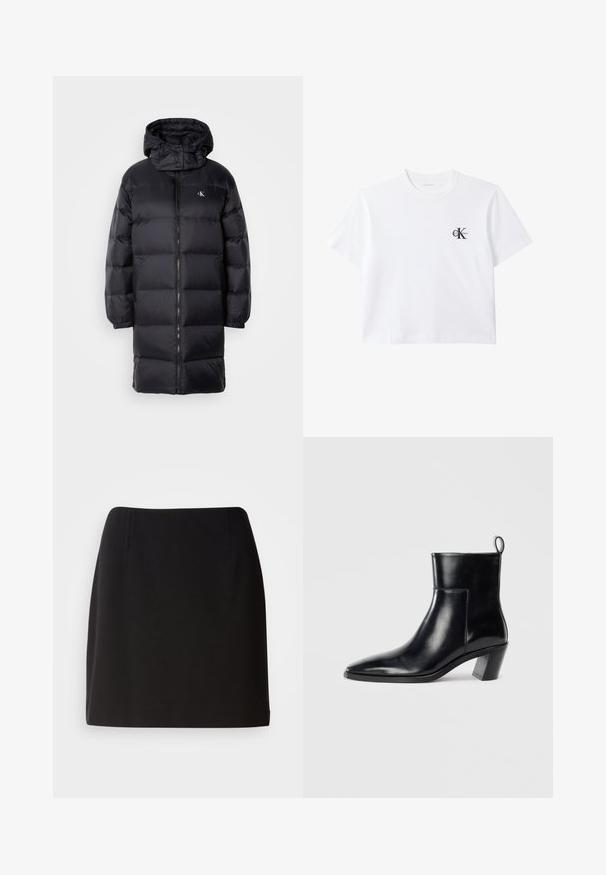Zwarte gewatteerde jas met een capuchon, voorzien van een ritssluiting, elastische manchetten en een logo op de borst. Zachte textuur en knie-lange ontwerp.; Witte T-shirt met korte mouwen en ronde hals met een klein zwart "ck Calvin Klein" logo op de linkerborst.; Zwarte rok met een getailleerde silhouette, gemaakt van een gladde stof. Voorzien van subtiele plooien aan de voorkant en een ontwerp tot halverwege de dijen.; Zwarte leren enkelboot met een spitse neus, een geometrische gestapelde hak en een trekband aan de achterkant. Gladde textuur en slank ontwerp.