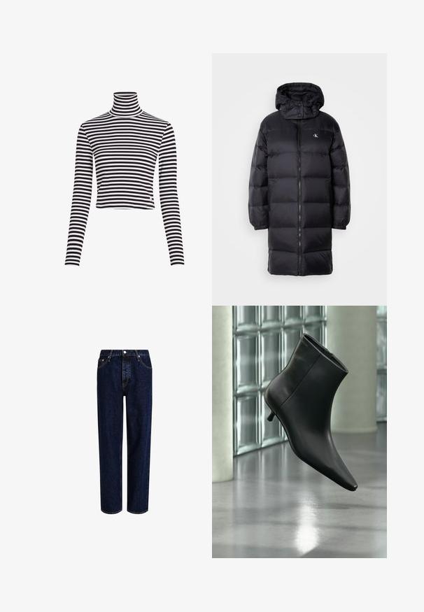Abrigo de plumas negro con capucha, que presenta un cierre de cremallera, puños elásticos y un logotipo en el pecho. Textura suave y diseño hasta la rodilla.; Top de tortuga a rayas en blanco y negro con mangas largas y un diseño cropped, hecho de un material acanalado. Presenta un pequeño logo de la marca en el dobladillo.; Jeans de mezclilla azul oscuro con un diseño de pierna recta, que presentan una cintura alta, estilo de cinco bolsillos y costuras en contraste. Sin adornos.; Botín negro de cuero con punta puntiaguda y tacón bajo estilo kitten, mostrado en ángulo sobre un suelo pulido y con una pared de bloques de vidrio de fondo.