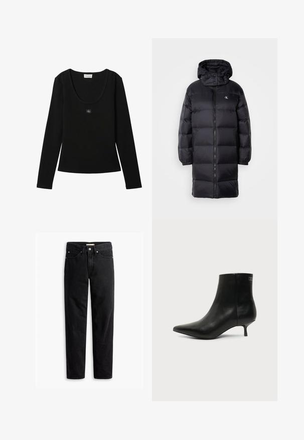 Abrigo de plumas negro con capucha, que presenta un cierre de cremallera, puños elásticos y un logotipo en el pecho. Textura suave y diseño hasta la rodilla.; Top negro de manga larga acanalado con escote redondo y pequeño parche con el logo de Calvin Klein centrado en el pecho.; Jeans negros de pierna recta con cierre de botones y cremallera, pasadores para cinturón y bolsillos delanteros y traseros, exhibidos de forma plana sobre un fondo blanco.; Botín de piel negra con puntera puntiaguda y tacón bajo estilo kitten sobre fondo claro, mostrando vista lateral exterior.