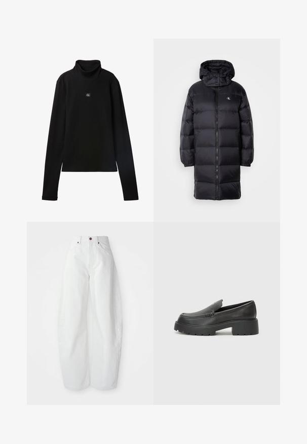 Sort pufferjakke med hætte, der har lynlås lukning, elastiske manchetter og et logo på brystet. Blød tekstur og knælangt design.; Sort ribstrikket bluse med lange ærmer og lille firkantet Calvin Klein-logo placeret centralt på brystet.; Højtaljede hvide denimbukser med løs pasform. Har en knaplukning, sidelommer og et minimalistisk design. Glat tekstur.; Sorte læder loafers med rund tå, tyk tekstureret sål og minimale syninger. Elegant design uden synlige snørebånd eller hardware.