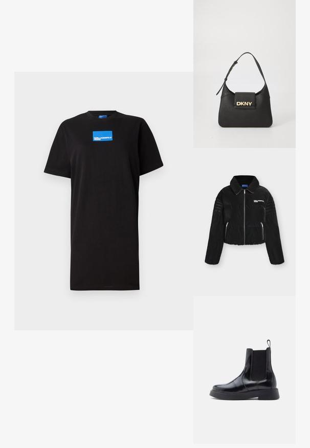 Sort dunjakke med frontlynlås, to lynlåslommer, polstrede ærmer og "KARL LAGERFELD JEANS" logo på brystet.; Sort bomulds T-shirt med afslappet pasform, der har korte ærmer og et blåt rektangulært logo på forsiden. Enkel design, ingen mønstre eller accenter.; Sort læder Chelsea-støvle med elastiske sidepaneler, rund tå og en kraftig sort sål. Glat overflade og pull-tab på hælen.; Sort læder skuldertaske med en struktureret form, der har et guld "DKNY" logo på forsiden og en kort, justerbar rem.