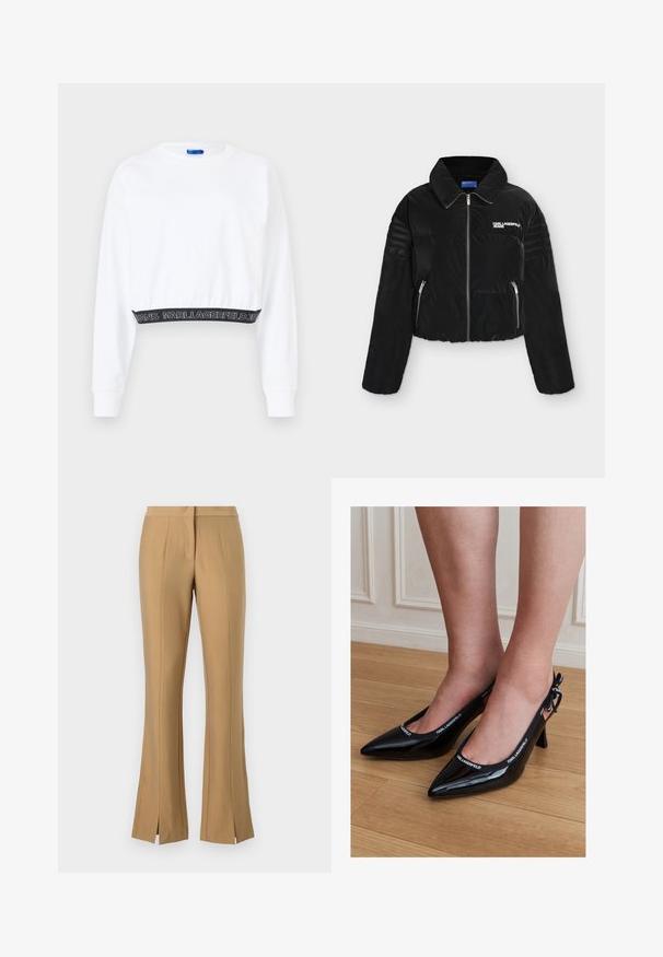 Must sulejope esitõmblukuga, kahe tõmblukuga tasku, polsterdatud varrukad ja rinnal "KARL LAGERFELD JEANS" logo.; Valge lühendatud dressipluus pikkade varrukatega, soonikute äärtega ja musta vöökohtaga, millel on valge tekst "KARL LAGERFELD JEANS". Sile tekstuur.; Beezid flared püksid ees olevate lõigetega, valmistatud sileda kangaga. Omavad lapikut vöökohta ja teravaid kortse, mis kulgevad pükste jalge all.; Mustad läikiva kangaga kitsaste ninaosadega slingback-kontsakingad, millel on KARL LAGERFELD kaubamärgiga ääris, kantud puidust põrandal seisvatel jalgadel.