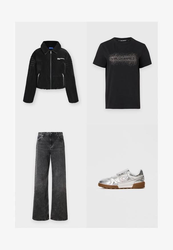 Doudoune noire avec fermeture éclair devant, deux poches zippées, manches matelassées et logo "KARL LAGERFELD JEANS" sur la poitrine.; T-shirt noir en coton présentant un design texturé avec des embellissements en points métalliques qui épellent "KARL LAGERFELD" sur le devant.; Jean noir à jambes larges avec une texture délavée, cinq poches et une fermeture à bouton. Présente des coutures contrastantes et une taille classique.; Sneaker métallique argenté avec un logo "C" blanc, des lacets blancs et une semelle en caoutchouc marron, présenté sur le côté sur un fond clair uni.