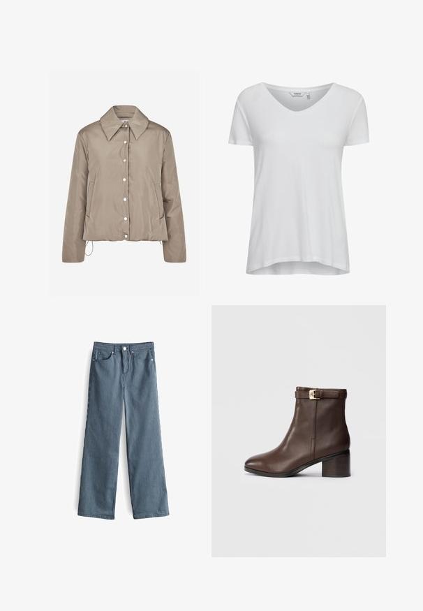 Envii DENVER JACKET - Veste d'hiver - beige; T-shirt blanc à manches courtes avec un col en V. Le tissu semble lisse et léger. Il présente une coupe décontractée et un ourlet arrière légèrement plus long.; Pantalons larges rayés bleu clair et blanc avec taille haute, comportant cinq poches et une fermeture à bouton à la taille.; Bottine en cuir marron avec un bout arrondi, un talon bas en bloc et une sangle décorative à la cheville. Texture lisse et design épuré.