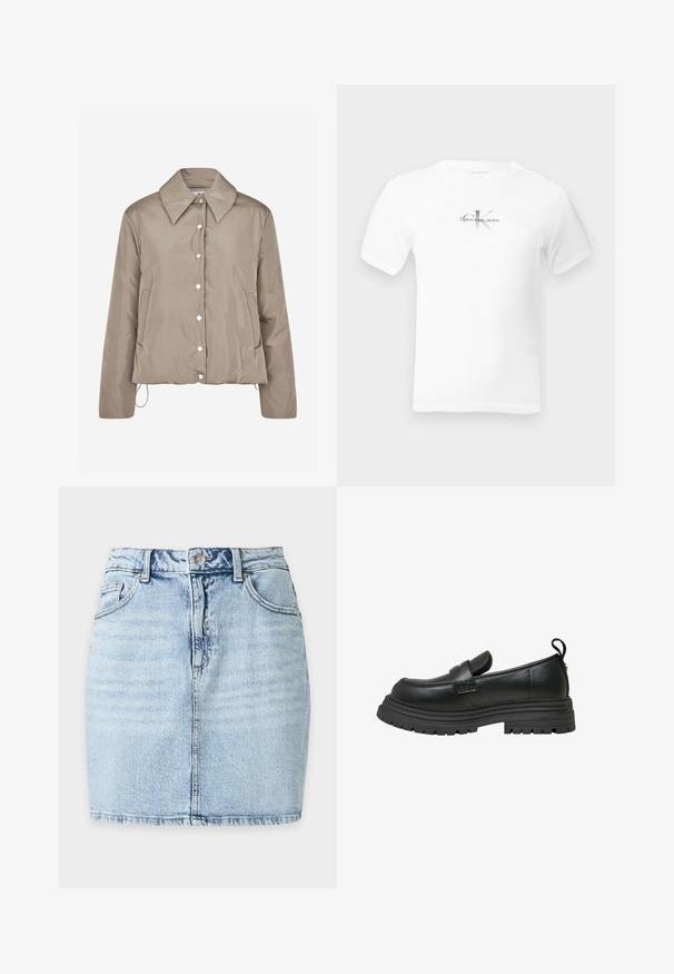 Envii DENVER JACKET - Vinterjakker - beige; Hvid T-shirt med korte ærmer og rund halsudskæring med et lille centreret "CK Calvin Klein Jeans"-logo i sort og grå på brystet.; Lyseblå denim mininederdel med frontknap, bæltestropper, to forlommer og synlig lodret søm ned langs midten.; Sorte læder loafers med en kraftig sål, der har en hævet frontpanel, stikninger og en løbestræk ved hælen.
