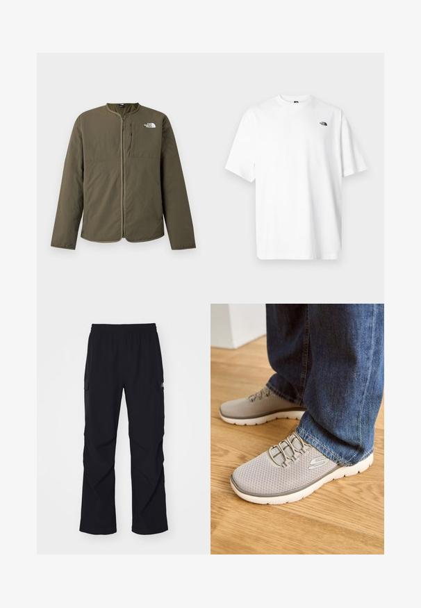 Olivengrøn letvægtsjakke med frontlynlås og The North Face-logo på øverste venstre bryst, uden krave, lange ærmer.; Hvid bomuld t-shirt med korte ærmer, V-udskæring, med en lille sort logo på øverste venstre side. Blød tekstur, afslappet pasform.; Sorte cargo bukser lavet af let materiale, med elastisk talje, sidelommer og lige ben design.; Grå mesh sportsko med elastiske snørebånd og en hvid sål, parret med blå denim jeans, stående på et trægulv.