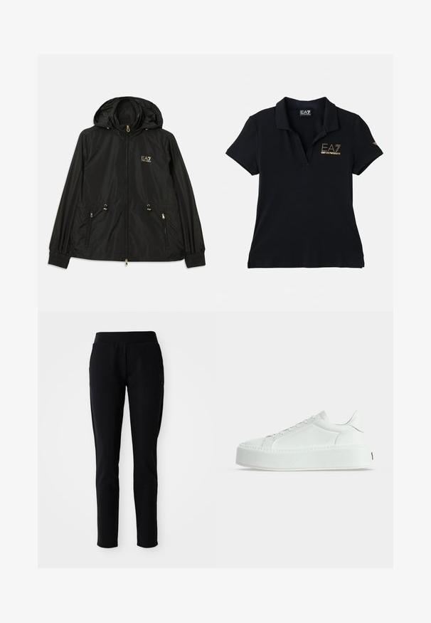 Schwarze Kapuzenjacke aus leichtem, glänzendem Material. Besitzt goldene Beschläge, zwei Fronttaschen und elastische Bündchen für einen engen Sitz.; Schwarzes Poloshirt aus Baumwolle mit klassischem Kragen. Verfügt über ein goldenes Logo auf der Brust und ein dezentes Markensymbol am Ärmel.; Schwarze Sporthosen mit einer taillierten Passform, elastischem Bund und seitlichen Taschen, die ein dezentes Logodesign am linken Bein aufweisen.; Weißer Low-Top-Sneaker mit strukturiertem Leder, dicker Plateausohle und Schnürverschluss, im Seitenprofil auf schlichtem Hintergrund dargestellt.