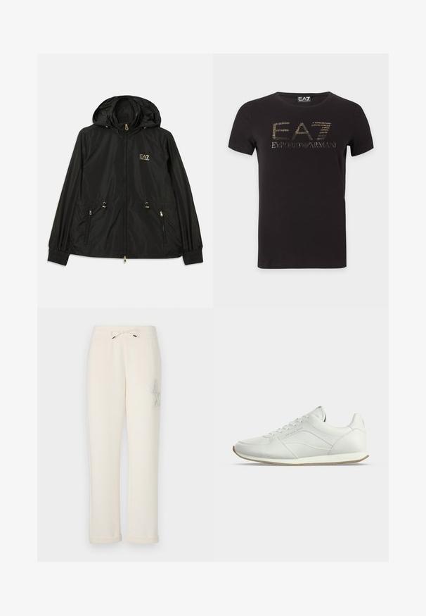 Veste noire à capuche en matériau léger et brillant. Dotée de accessoires dorés, de deux poches avant et de poignets élastiques pour un ajustement confortable.; T-shirt noir à manches courtes avec logo doré EA7 Emporio Armani centré sur la poitrine sur fond blanc.; Pantalons de sport couleur crème en matériau doux. Dotés d'une taille élastique avec un cordon de serrage et d'un logo décoratif sur le côté.; Baskets basses en cuir blanc avec laçage sur le devant, détails de couture subtils et semelle en caoutchouc beige sur fond clair uni.